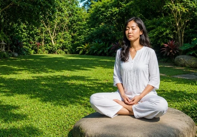 A woman in white meditating on a stone in the green gardens at Ánanda Suruci