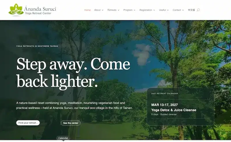 Website screenshot of Yoga & Detox Retreats in Taiwan
